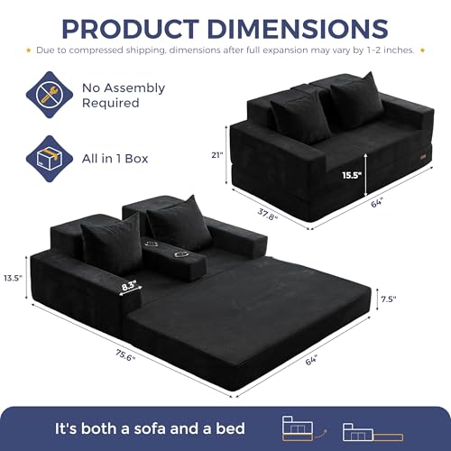 MAXYOYO Sofa Bed, 64-Inch Boneless Loveseat with 2 Cup Holders | Corded Black 4-in-1 Sofa Converts Into a Floor Couch or Recliner Chair; Sofa-in-a-Box Needs No Assembly for Living Rooms - color: Corded Black, size: Standard(64" Length)