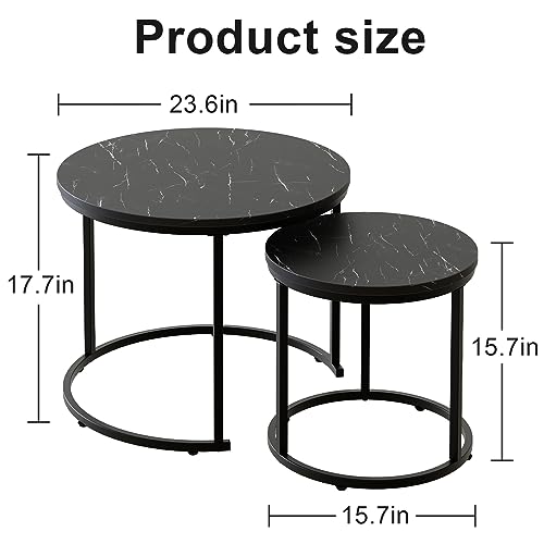 aboxoo Round Nesting Coffee Table Side Set of 2 End Tables for Living Room Bedroom Balcony,Black Faux Marble Wooden Table 23.6IN Accent Large Coffee Table with Steel Frame - color: Black Marble