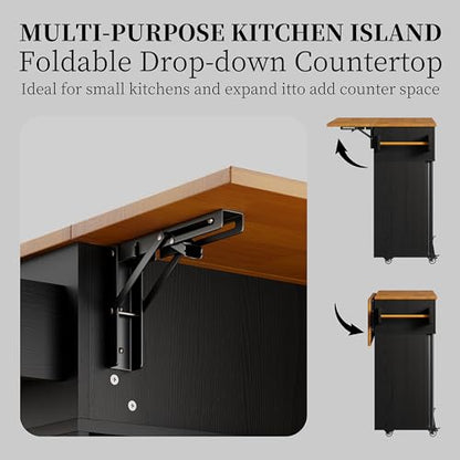 DHH Rolling Kitchen Island with Drop Leaf Countertop&Ample Storage - 39.4" Small Mobile Kitchen Cart On Wheels with Sliding Door,Drawers,Spice Rack & 2-Tier Storage(Black) - color: Black