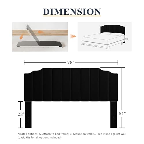 King Size Headboard Only, Velvet Wall Mount Headboard, Black | 2 installation options: 1.bed frame mount 2.wall mount (for adjustable bed), Easy to install, Velvet fabric help sleep better - color: Velvet Black-king, size: King/California King