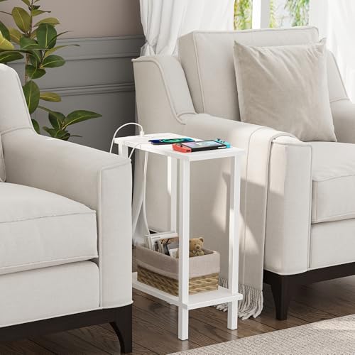 TUTOTAK Narrow Side Table, 2-Tier Small End Table with Charging Station | Skinny Sofa Table, Slim Nightstand, Easy Assembly for Living Room, Bedroom, White TB01BW060 - color: White, size: 2-tier