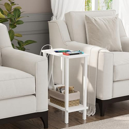 TUTOTAK Narrow Side Table, 2-Tier Small End Table with Charging Station | Skinny Sofa Table, Slim Nightstand, Easy Assembly for Living Room, Bedroom, White TB01BW060 - color: White, size: 2-tier