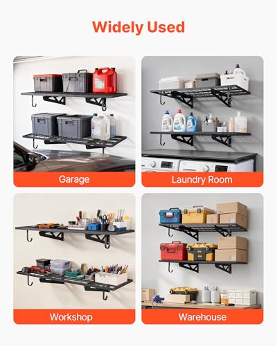 VEVOR 2-Pack Heavy Duty Garage Wall Shelving, 2 x 4 ft Steel Wall Mounted Shelving Unit with Hooks, 24 x 48 Inch Per Shelf Floating Storage Metal Rack for Garage, 500 lbs Total Weight Capacity - size: 2×4 ft