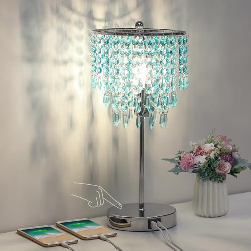 Touch Control Crystal Table Lamp, 3-Way Dimmable Lamp with USB A+C Ports | Nightstand Touch Lamp for Bedroom, Silver with Teal Crystal Shade, Bedside Lamp for Living Room, Girl Room, LED Bulb Included - color: Light Teal