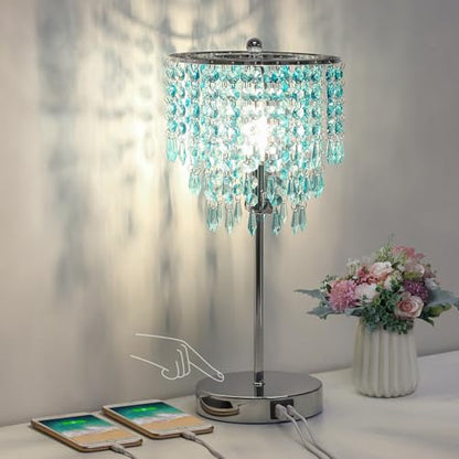 Touch Control Crystal Table Lamp, 3-Way Dimmable Lamp with USB A+C Ports | Nightstand Touch Lamp for Bedroom, Silver with Teal Crystal Shade, Bedside Lamp for Living Room, Girl Room, LED Bulb Included - color: Light Teal