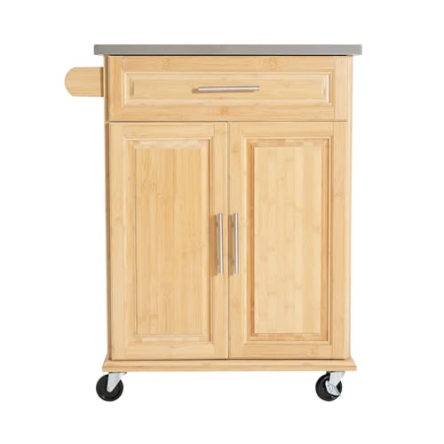 Christopher Knight Home ZAH Bamboo Rolling Cart with Drawers, Kitchen Bar Cart on Wheels with Stainless Steel Top, Mobile Rolling Kitchen Cart Storage Cabinet, Serving Cart, 29.13'' x 18.5'', Natural - size: Small