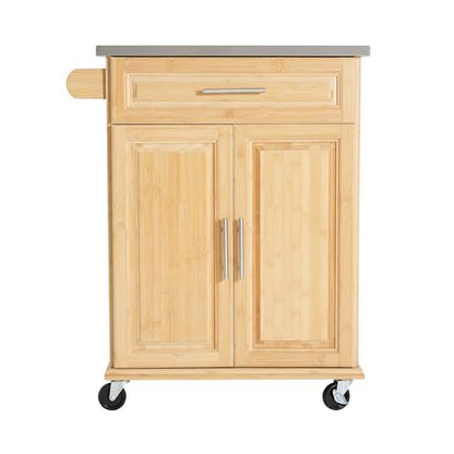 Christopher Knight Home ZAH Bamboo Rolling Cart with Drawers, Kitchen Bar Cart on Wheels with Stainless Steel Top, Mobile Rolling Kitchen Cart Storage Cabinet, Serving Cart, 29.13'' x 18.5'', Natural - size: Small