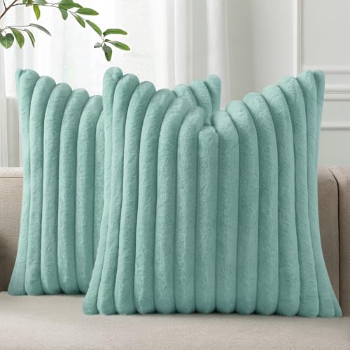 Pallene Faux Fur Decorative Throw Pillow Covers 16x16 Set of 2, Aqua | Luxury Plush Texture, Striped Design, Cozy Soft Touch, Modern Home Accent Decor for Couch, Sofa, Bed, Living Room - color: Aqua, size: 16" x 16" (Pack of 2)