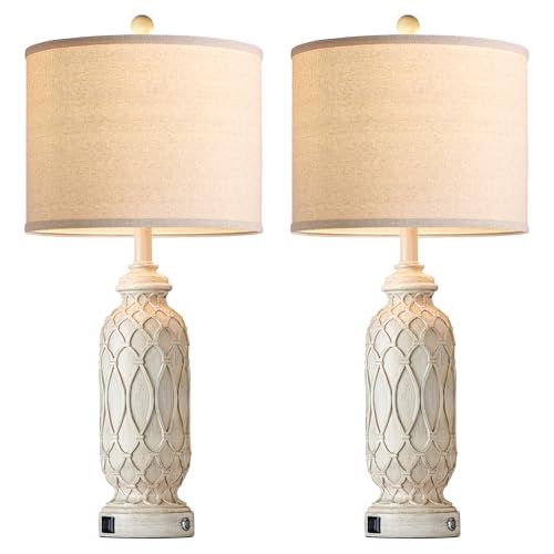 28" Table Lamps for Living Room Set of 2, Farmhouse Lamps for Bedroom with USB Ports, 3-Way Dimmable Nightstand Table Lamp (Bulbs Included) - color: 2.Beige