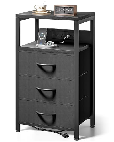 Lazzanto Night Stand with Charger Station, 3 Fabric Drawers, Black | Nightstand, Bedside Table, Open Shelf, Built in USB-A, USB-C Port & AC Outlets, For Bedroom, Dorm, Living Room - color: Black, size: 3 Drawers