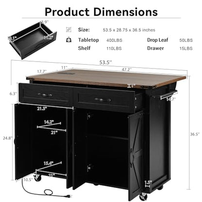 53.5" Large Kitchen Island with Storage & Power Outlet, Black | Rolling Kitchen Cart, Drop Leaf, Power Outlet, USB Ports, Adjustable Shelves, 2 Drawers, Cabinets, Lockable Wheels, Farmhouse - color: Black-53.5"