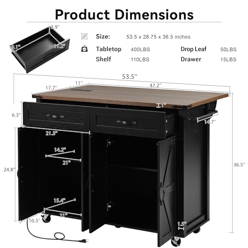 53.5" Large Kitchen Island with Storage & Power Outlet, Black | Rolling Kitchen Cart, Drop Leaf, Power Outlet, USB Ports, Adjustable Shelves, 2 Drawers, Cabinets, Lockable Wheels, Farmhouse - color: Black-53.5"