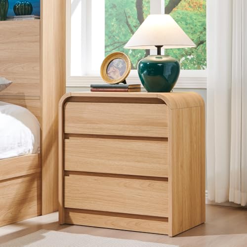 Aitjunz 25" Tall Modern Nightstand with Charging Station, 23.6'' Wide Wood Bedside Table w/3 Storage Drawers, Small Dresser w/Curved Profile Design, End Table for Bedroom, Natural Oak - color: Natural Oak