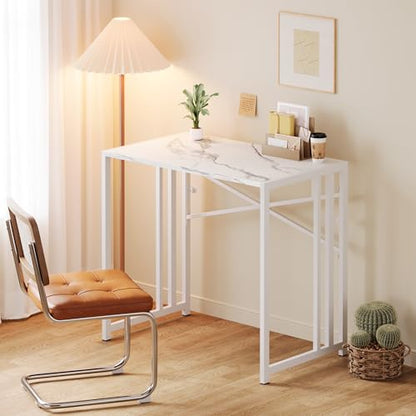 Lutown-Teen 35 inch Folding Small Desk, White Marble | Writing Gaming Computer Camping Desk for Small Spaces, No Assembly Required Home Office Table - color: White Marble, size: 35 Inch