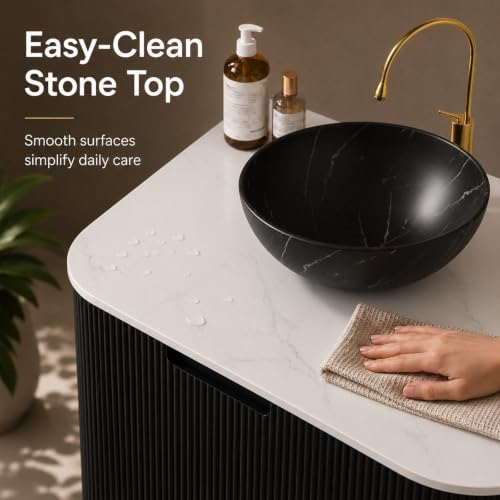 30" Floating Bathroom Vanity with Sink, Wall Mounted Plywood Cabinet, Black Fluted Front, Sintered Stone Countertop, Black Marble-Look Ceramic Bowl Vessel Sink, Soft-Close Drawer, Pre-Assembled - color: Black Cabinet / Black Marble Bowl Sink, size: 30 Inc