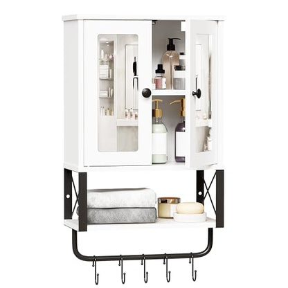 BEWISHOME Bathroom Medicine Cabinet Mirror with Towel Bar | Wall Cabinet with Adjustable Shelf Hooks, Space-Saving Over-Toilet, 7.1 x 15.4 x 24.4 Inches, White - color: White