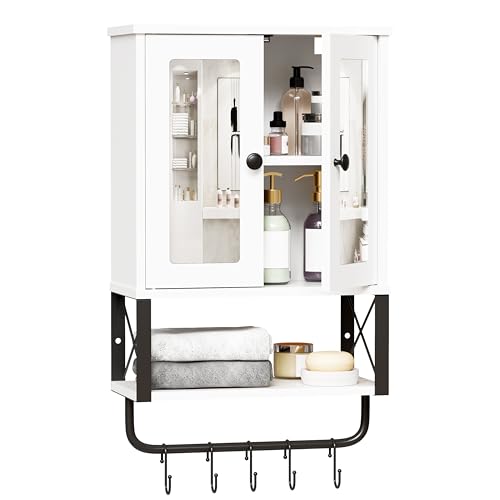 BEWISHOME Bathroom Medicine Cabinet Mirror with Towel Bar | Wall Cabinet with Adjustable Shelf Hooks, Space-Saving Over-Toilet, 7.1 x 15.4 x 24.4 Inches, White - color: White