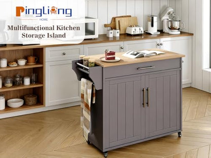 Kitchen Storage Island, Wooden Rolling Island On Wheels with Countertop, Mobile Kitchen Island Cart with Towel Rack, Spice Rack and Drawers, Grey - color: Grey