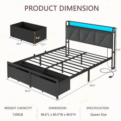 Queen Bed Frame with 2 Storage Drawers & Upholstered Headboard | Metal Platform Bed with Storage Shelf, Charging Station, LED Lights and Heavy-Duty slats, No Spring Box Needed, Noise-Free - size: Queen, style: Bed Frame with Drawer