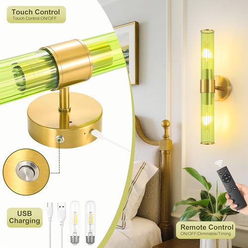 Morauroral Gold Battery Operated Wall Sconces Set of 2, Rechargeable Wall Lights with Remote Control, 20 Inch Modern Wireless Wall Lamp for Bedroom, Living Room with Green Shade (Bulbs Included) - color: Gold （Green Glass）