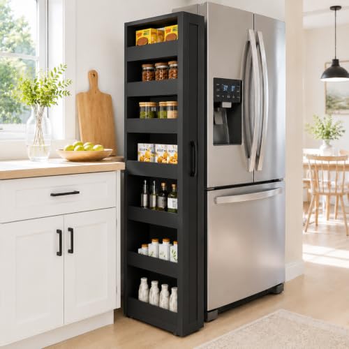 Tall Narrow Storage Cabinet, 71 Inch Tall, 8 Inch Wide, Black | 7-Shelf Slim Pull-Out Organizer with Wheels for Small Spaces, Kitchen, Bathroom, Laundry Room and Narrow Gaps - color: D-black