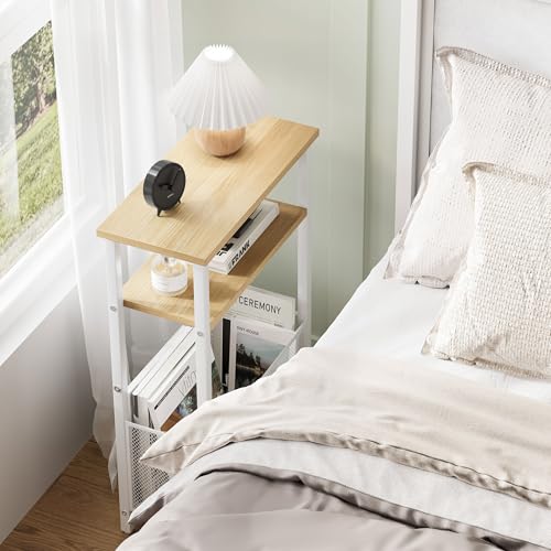 MMEOLUOOK Narrow Side Table with Storage Basket Skinny End Tables for Smalls Spaces 3 Tier Sofa Table Small Nightstand Slim Bedside Table for Living Room Bedroom Natural Wood MLBZ22Y - color: Natural