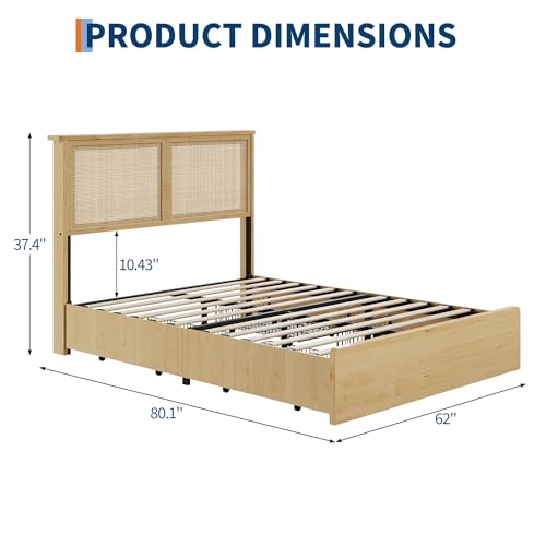 Garvee Queen Rattan Bed 4 Drawers Bohemian Headboard for Bedroom | Bohemian queen rattan bed with natural headboard, 4 drawers, LED lights,No box spring needed for bedroom use. - size: Queen(4 Drawers)