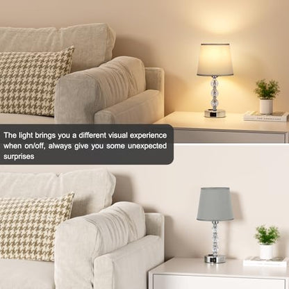 Crystal Table Lamp Set of 2 for Bedroom/Living Room, 14.6in (Gray) | 3 Way Dimmable Touch Control, Bedside Nightstand Light, USB C & A Ports, Metal Base, FREE Bulbs Included, Modern Design
