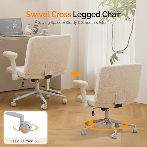 VINGLI Criss Cross Chair with Adjustable Flip-Up Arms,Cross Legged Chair with Wheels,Extra Wide Office Chair,Desk Chair for Home Office,Vanity,Bedroom, Apartment,Starry Chenille,White - color: White