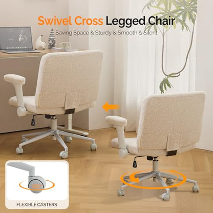 VINGLI Criss Cross Chair with Adjustable Flip-Up Arms,Cross Legged Chair with Wheels,Extra Wide Office Chair,Desk Chair for Home Office,Vanity,Bedroom, Apartment,Starry Chenille,White - color: White