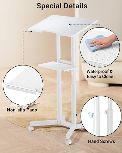 BONTEC Lecterns & Podiums Portable Mobile Standing Laptop Desk, Sit Stand | Height Adjustable, Home Office Classroom Pulpit Stand Up Desk Workstation, Rolling Table Laptop Cart with Storage Tray, White - color: White