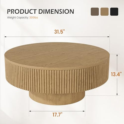 YOUDENOVA 31.5” Round Fluted Coffee Table, Modern Wood Circle Coffee Table, Veneer Handcrafted Relief Tea Table with Sturdy Pedestal for Living Room - Natural - color: 31" Natural-round