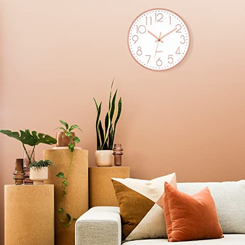 Foxtop 12" Modern Wall Clock Silent Battery Operated Rose Gold Clock | Non Ticking, Quartz, Round, Analog, Easy to Read, Bedroom, Kitchen, Living Room, Office - color: Rose Gold, size: 12 Inch Quartz