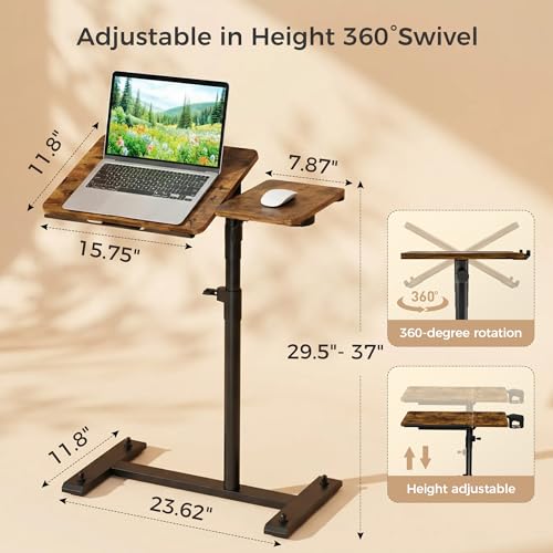 YUHFERA Rolling Table for Laptop Stand, Height and Angle Adjustable Over Bed Table with Wheels, Tilt-Top Laptop Desk for Couch with Cup Holder, Bed Table Tray for Eating (Brown) - color: Brown
