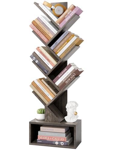 Hoctieon 6 Tier Tree Bookshelf, Tall Bookcase with Drawer, Freestanding Book Shelf, Display Floor Standing Storage Shelf, Book Organizer Shelves for Home Office, Living Room, Bedroom, Grey - color: Grey, size: 6 Tier