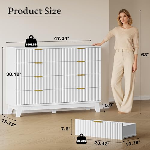 BORNOON Fluted 8 Drawer Tall Dresser, 47.2" Wide Modern Boho Chest of Drawers, Wooden Storage Dresser TV Stand for Bedroom, Living Room, Closet, Hallway, Curved Profile Design - color: Pure White, size: 8 Drawers