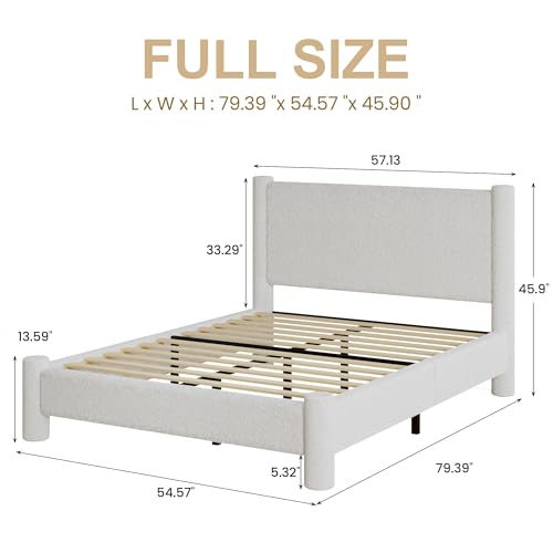 REVOMINCA Full Boucle Bed Frame with Headboard & Footboard, White | Upholstered platform frame has soft rounded corners, no box spring required and easy assembly. - color: White, size: Full