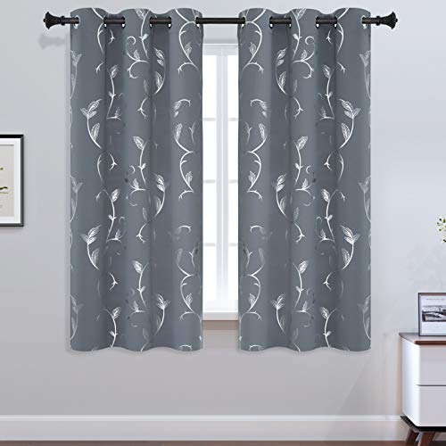 BUHUA Small Window Blackout Curtains Bedroom Darkening Curtain Panels Silver Floral Print Blackout Curtains for Kitchen 38W×45L Light Grey 2 Panels - color: Light Grey, size: 38"W x 45"L (Pack of 2)