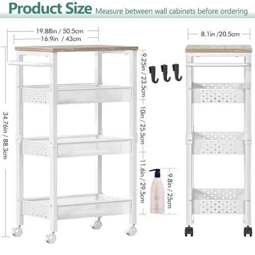 Vivihomety 4-Tier Laundry Utility Rolling Cart with Wheels, Kitchen & Bath | Narrow 8.1" wide, lockable wheels, wood top panel, metal frame, for laundry room, small spaces, pantry, tight gaps, White - color: White, size: 8.1 inch wide