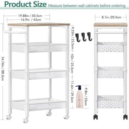Vivihomety 4-Tier Laundry Utility Rolling Cart with Wheels, Kitchen & Bath | Narrow 8.1" wide, lockable wheels, wood top panel, metal frame, for laundry room, small spaces, pantry, tight gaps, White - color: White, size: 8.1 inch wide