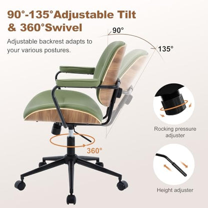 Mid Century Modern Office Chair with Armrest and Adjustable Backrest, Green | Wooden frame with armrests & adjustable backrest, swivel & height-adjustable, PU leather seat for home office comfort - color: Green
