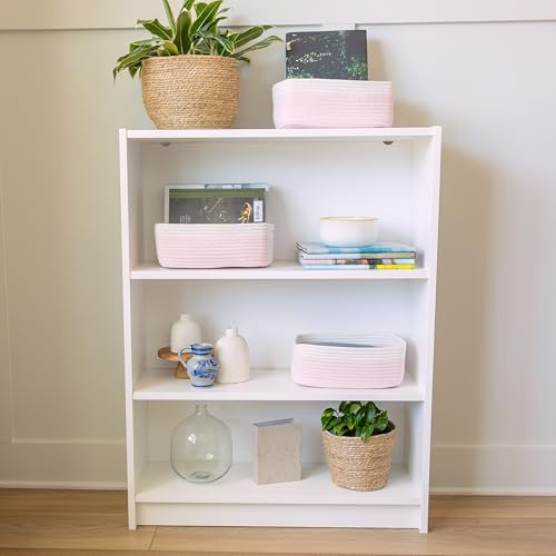 NaturalCozy 11.8"x8"x4.5” Rectangle Storage Baskets for Shelves 3 Pack | Cotton Rope Woven Small Baskets for Organizing | Small Storage Bins for Nursery, Bathroom, Closet, Shelf, Decorative, Gift - color: Off White & Mixed Pink, size: 11.8" x 8" x 4.5"
