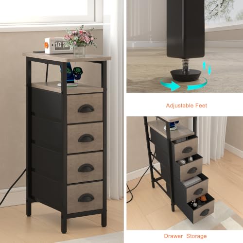 sthmec Nightstand with Charging Station, Narrow Night Stand Set of 2 with 4 Drawers, Skinny Side Table with Fabric Drawers,Slim Sofa Couch Tables for Small Spaces,Living Room,Bedroom, Grey - color: Grey, style: Power