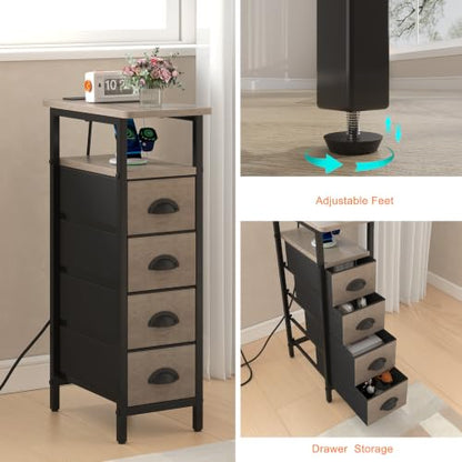sthmec Nightstand with Charging Station, Narrow Night Stand Set of 2 with 4 Drawers, Skinny Side Table with Fabric Drawers,Slim Sofa Couch Tables for Small Spaces,Living Room,Bedroom, Grey - color: Grey, style: Power