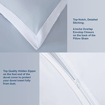 THE COTTON & SILK® Long-Staple Cotton Duvet Cover Set - King Size | Misty Blue + White | 1 Duvet Cover & 2 Pillow Shams | Soft, Breathable, Comfortable, Luxury | Sateen Weave | Genuine 300 TC - color: Misty Blue + White, size: King Set (105“ x 93", 20"x36