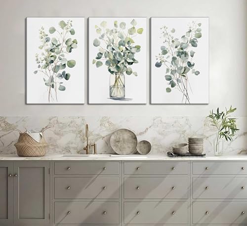 HOMTAI 3Pcs Botanical Canvas Wall Art 16x24Inch | Sage Green Eucalyptus Leaves Painting Picture Wall Decor Plant Watercolor Poster Print Artwork for Bedroom Bathroom - color: Canvas, size: 16L" x 12W"