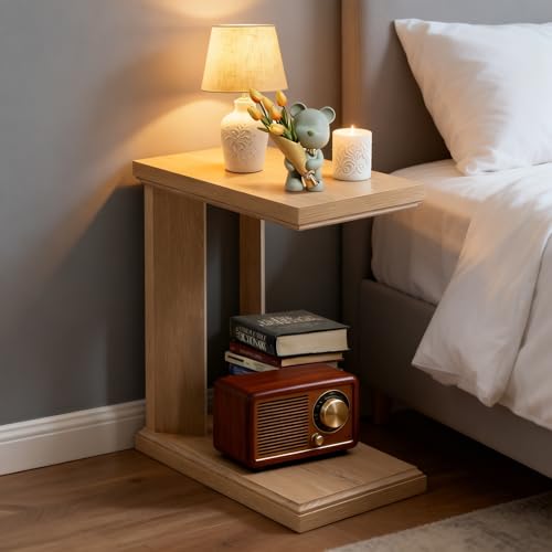 C Shaped End Table for Couch, 23.2'' High Small Side Table 2-Tier C Shaped Sofa Table for Small Narrow Spaces, Modern Nightstand for Bedroom, Living Room, Apartment, Home Office, Oak - size: 1 Pack