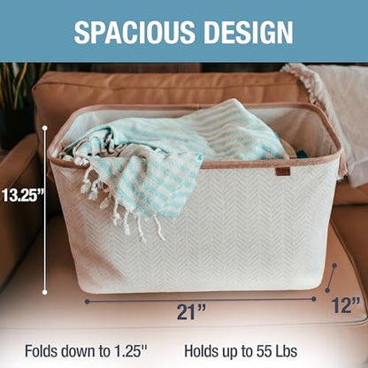CleverMade Collapsible Laundry Basket LUXE, 60L Pop-Up Hamper 2 Pack, Cream | Elevate Open-Room Laundry Storage | Cotton-Blend Fabric and Vegan Leather Add Polish, While Each Basket Holds 55 lb - color: Cream Herringbone