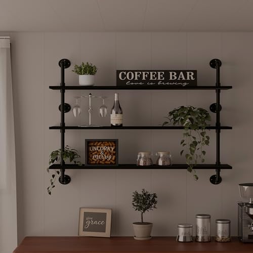 HDDFER Industrial Pipe Shelving Rustic Black Wall Shelves with Wood Planks Industrial Floating Shelves 48 Inch 3 Tier Farmhouse Bookshelf Pipe Shelves Wall Mounted,Open Shelving For living room/office - color: Black, size: 3Tier48in