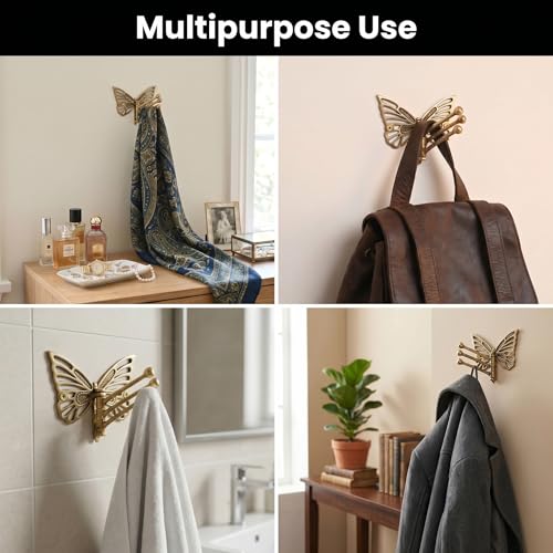 Indian Shelf Brass Butterfly Swivel Wall Hook, Foldable Tri-Arm Gold Hanger - style: Butterfly